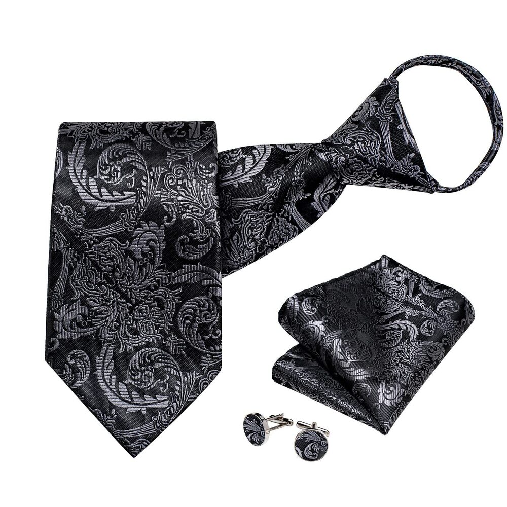 7375 Silk Zipper Ties ,Paisley Solid Plaid Pre-tied Tie and Pocket Square
